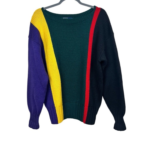 Polo Ralph Lauren 90's Striped Wool Sweater VTG L Red Black Green Yellow Purple - Picture 1 of 5
